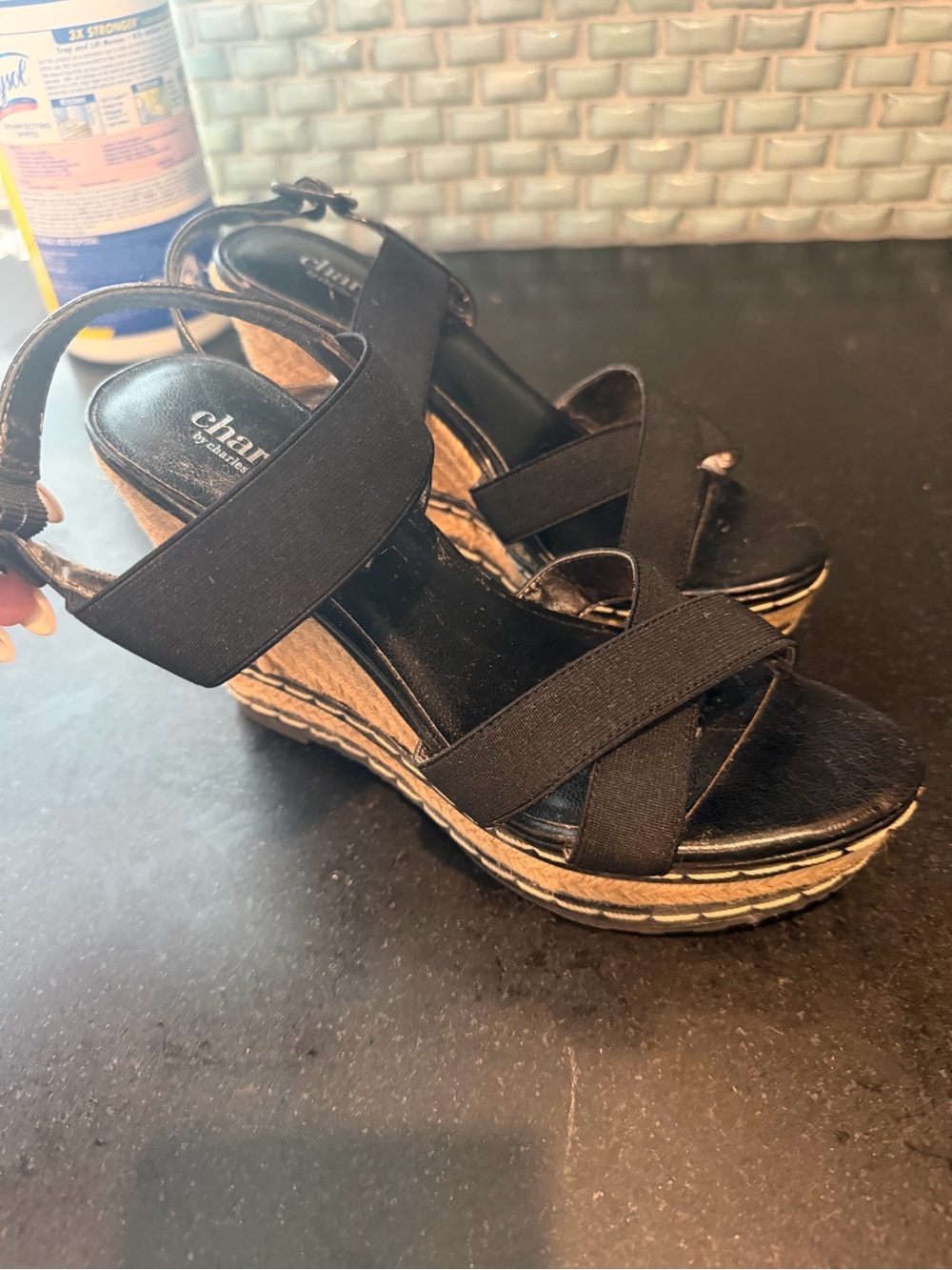 Charles by Charles David Black and tan espadrille wedges size 7